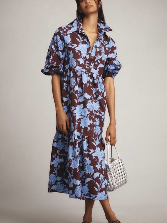 Maeve Dresses & Skirts - Maeve Anthropologie Bettina Brown Blue Floral Dress Size L